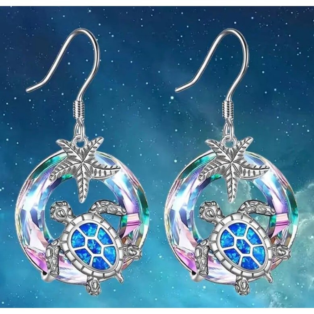 Sea Turtle & Starfish Multi Color Crystal Earrings Coastal Core